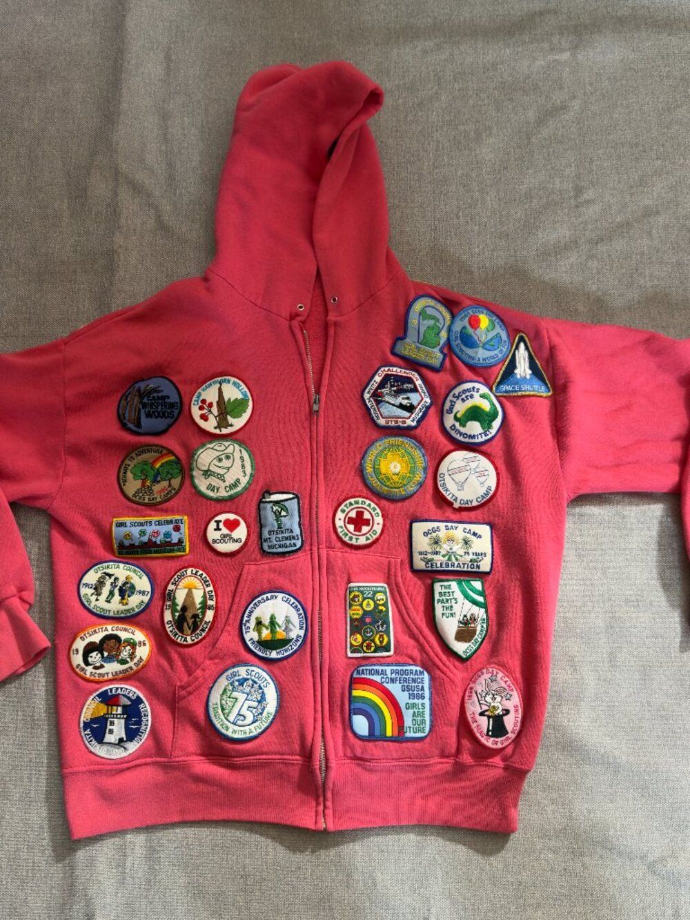 Vintage Hoodie Size L Bright Pink Girl Scout Patches Both Sides